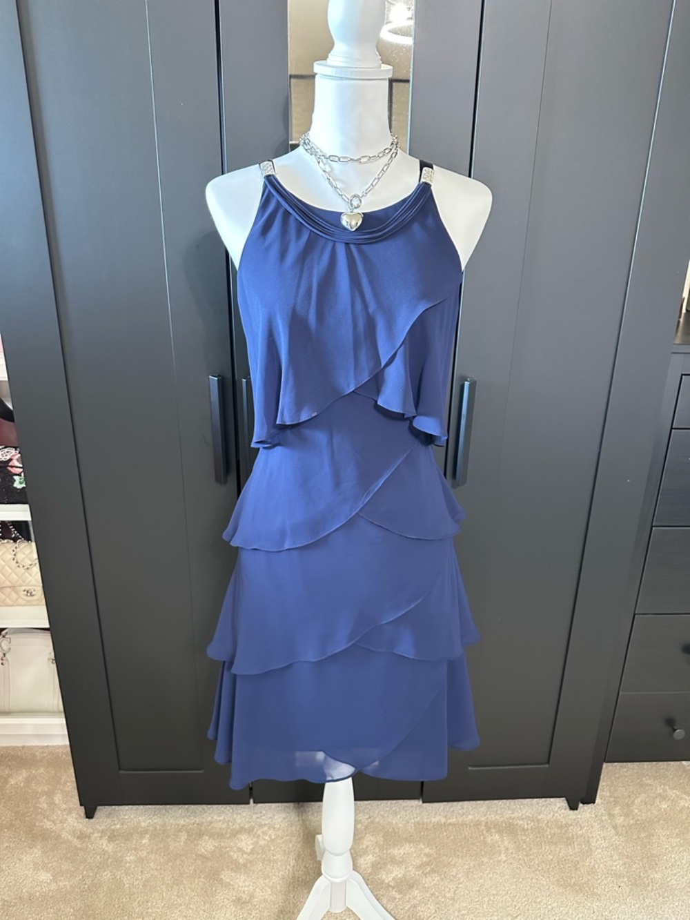 S.L. Fashions Blue Tiered Rhinestone Dress 14